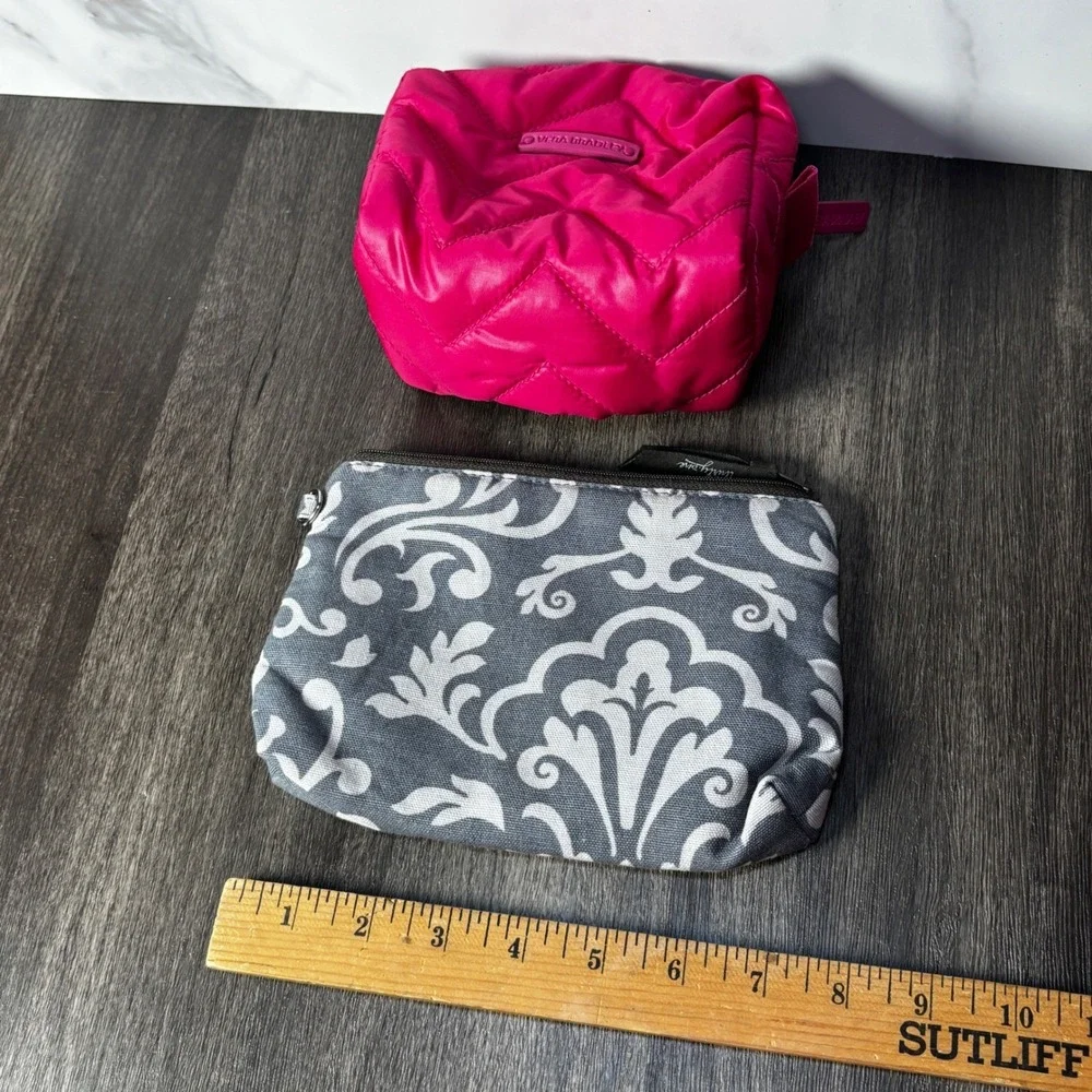 Vera Bradley Puffy Pink Cosmetic Bag & Thirty One Gray Damask Pouch Set, Makeup